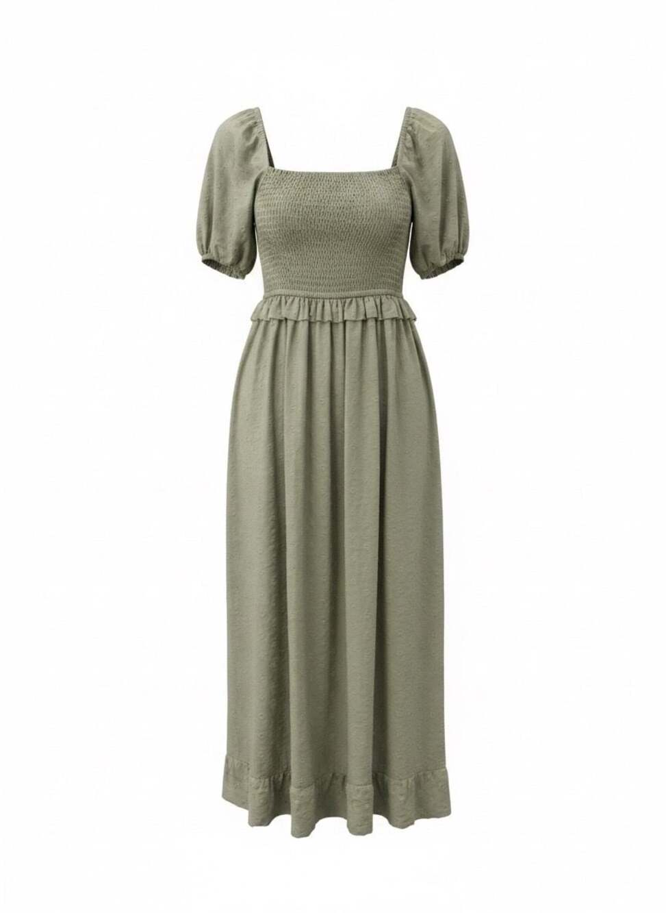 And Now This Green Swiss Dot Smocked Puff Sleeve Midi Dress